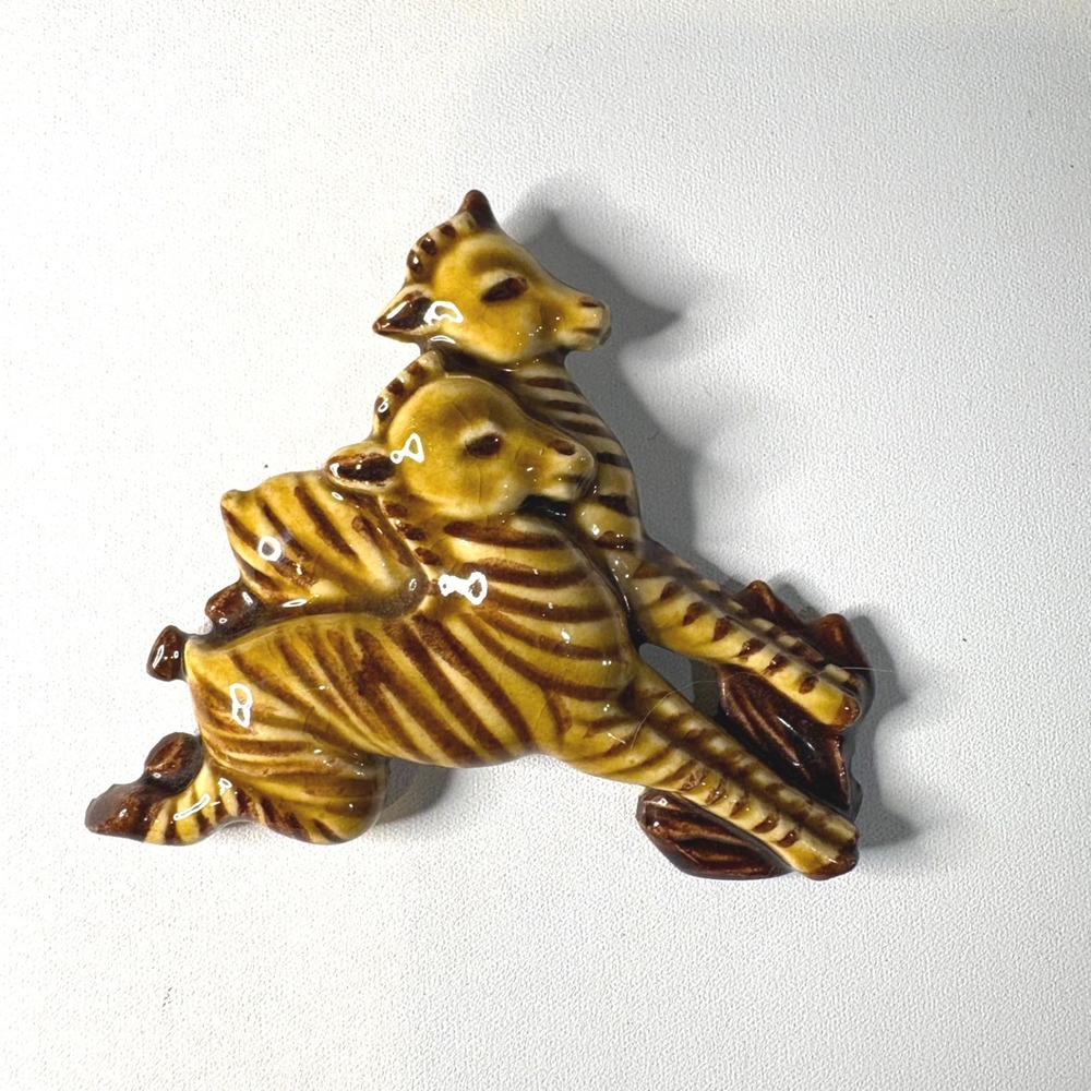 Vintage Ceramic Giraffe Brooch Mother Baby Animal Pin Glazed Pottery Brown Tan